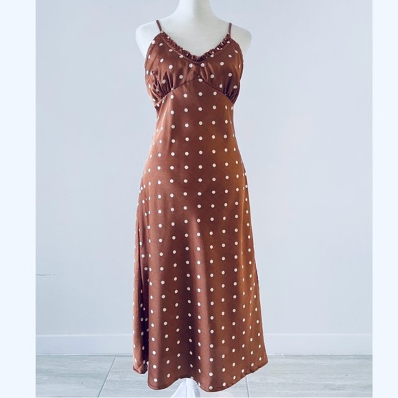 Brown Silky A-Line Midi Dress - Picture 1 of 9